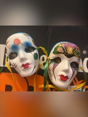 Hand-Painted New Orleans White Ceramic Venetian Mask - Decorative Wall Art pair